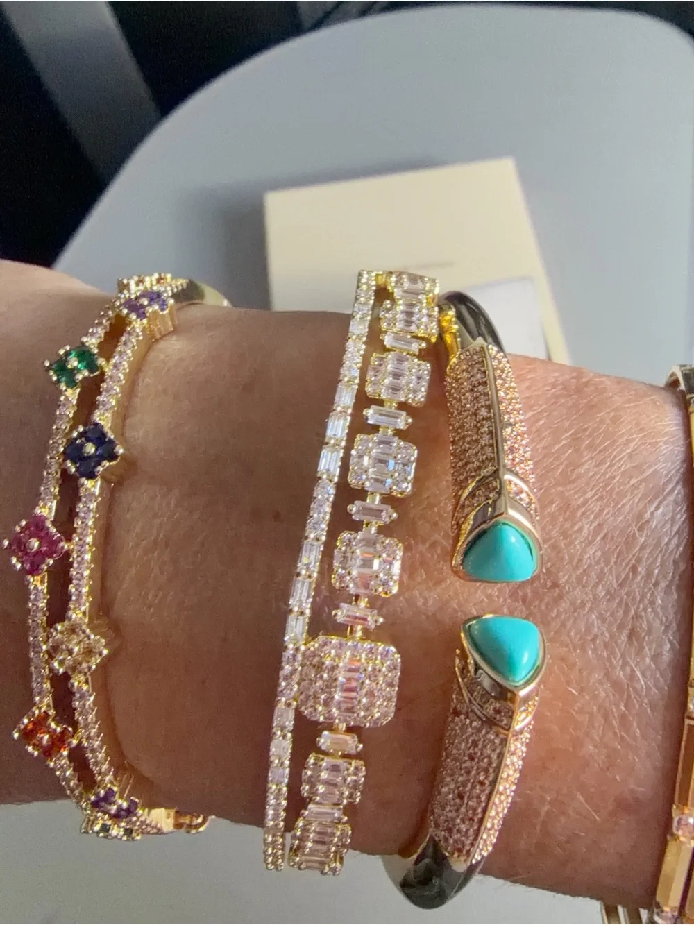 Freida Rothman Gold Multicolor Flower Station Bangle Bracelet - Women's New